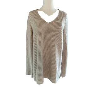 J Jill Beige Ribbed Knit Sweater Women Small V Neck Wool Blend Neutral Fall Chic